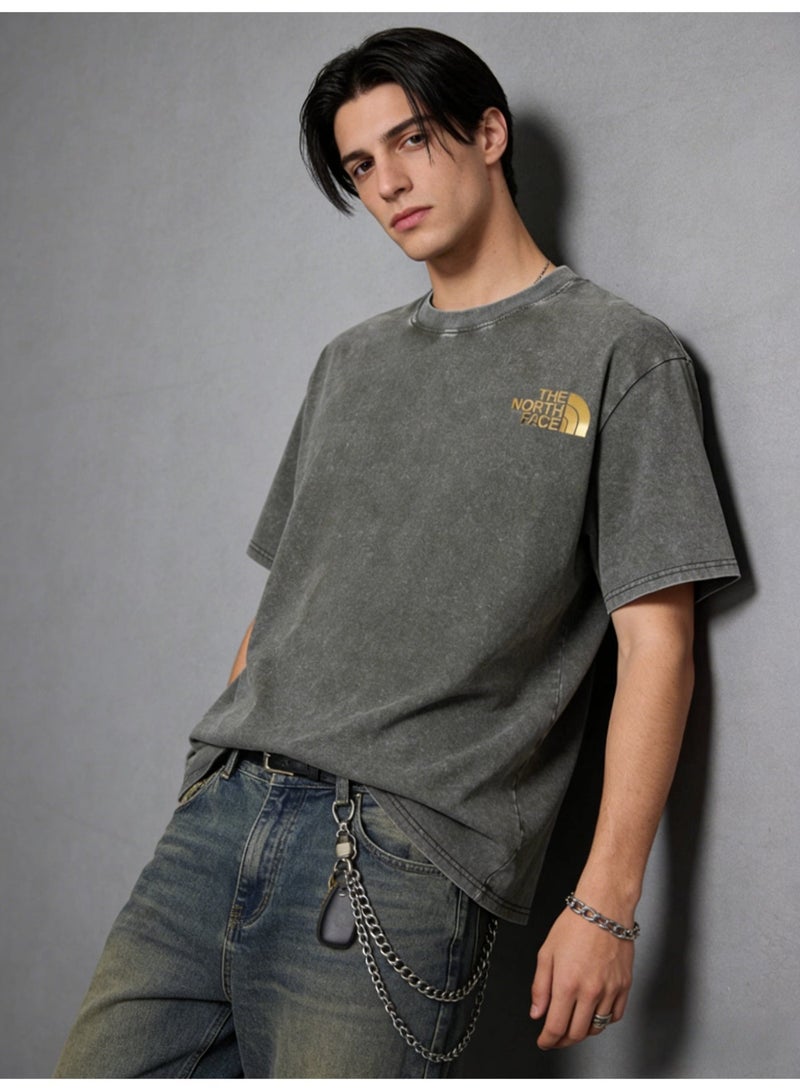 THE NORTH FACE 2026 The North Face retro washed unisex T-shirt, high-grade cotton loose short sleeves with gold logo, retro street clothes for men and women. - Image 4